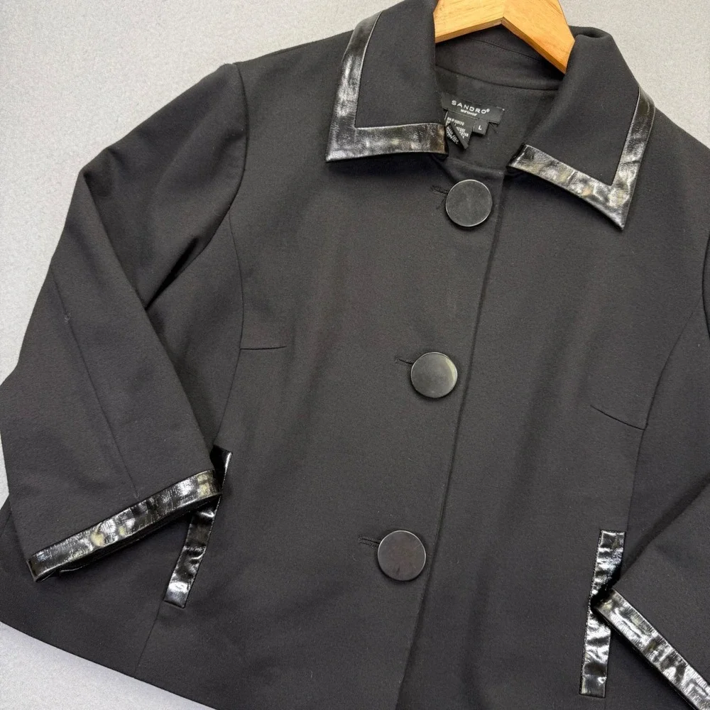 Sandro Sportswear‎ Womens Black Cropped Jacket Faux Leather Trim Size L Collared